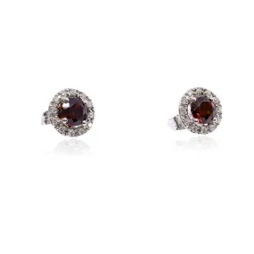 14K WHITE GOLD GARNET AND DIAMOND HALO STUD EARRINGS 0.98CTW