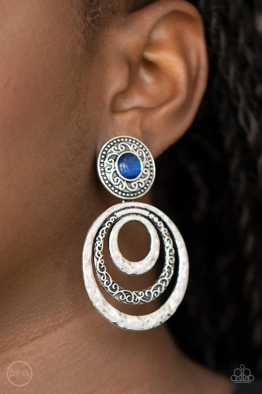 Bare Your Soul Blue Cat's Eye Stone Clip-On Earrings - Paparazzi Accessories