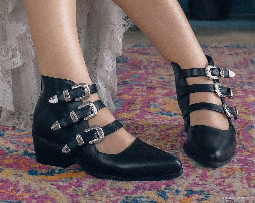 Black Western Buckle Block Heel