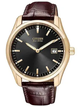 Citizen Mens Eco-Drive - Black Dial - Brown Leather Strap - Rose Gold-Tone