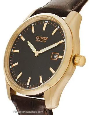 Citizen Mens Eco-Drive - Black Dial - Brown Leather Strap - Rose Gold-Tone