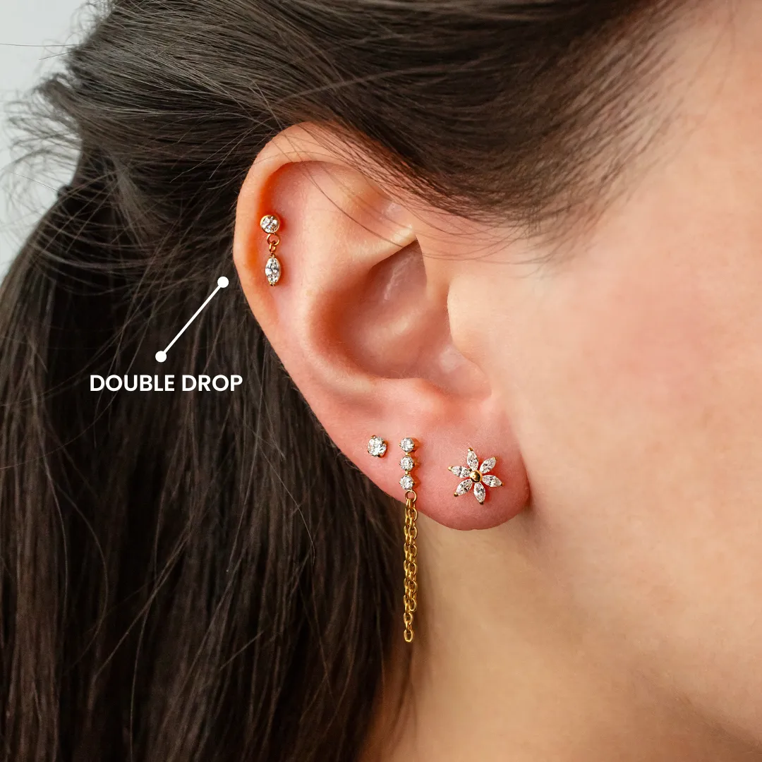 Double Drop Bezel Set Crystal Flat Back Sleeper Earrings