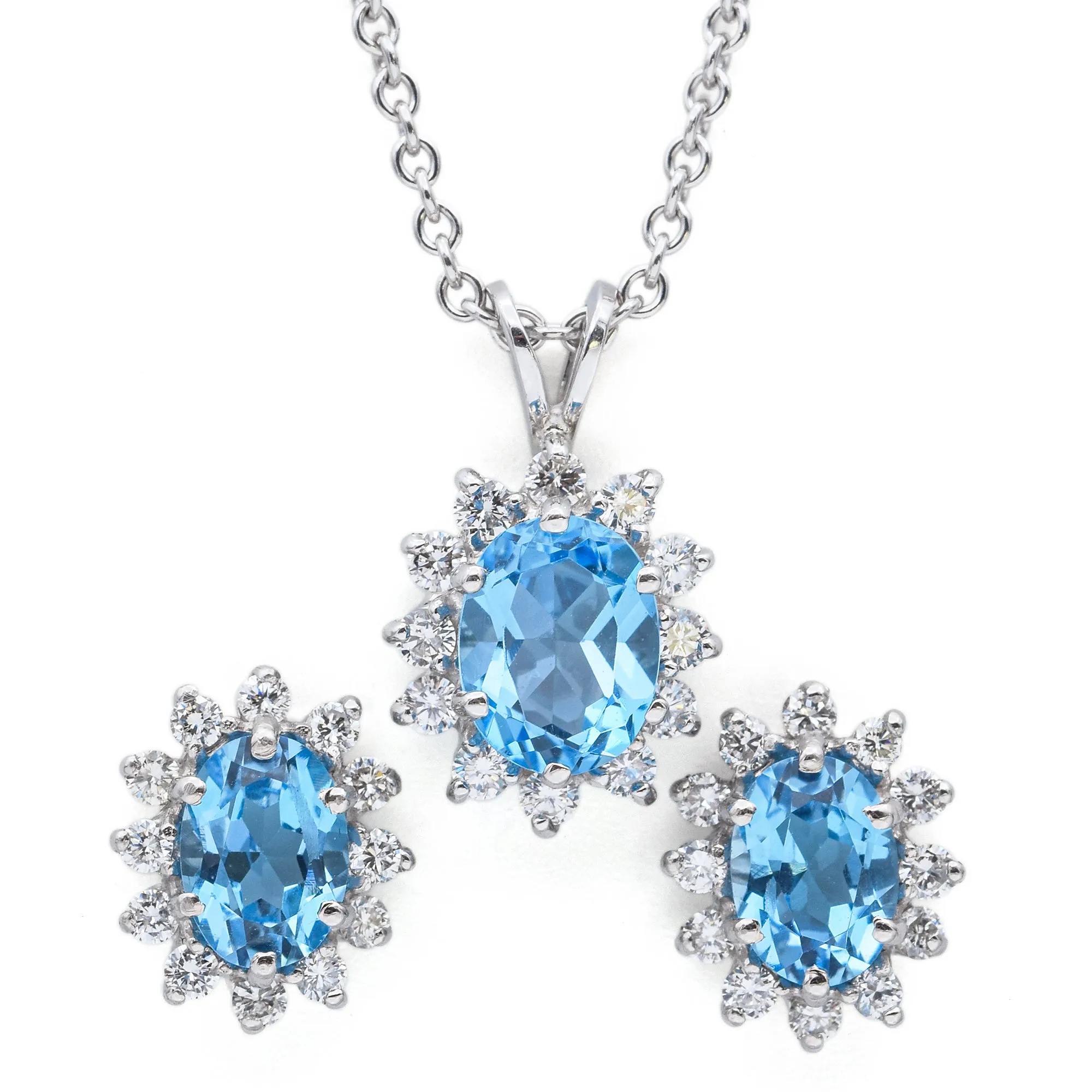 Estate 14K White Gold Blue Topaz & 0.60TCW Diamond Pendant Necklace Earrings Set