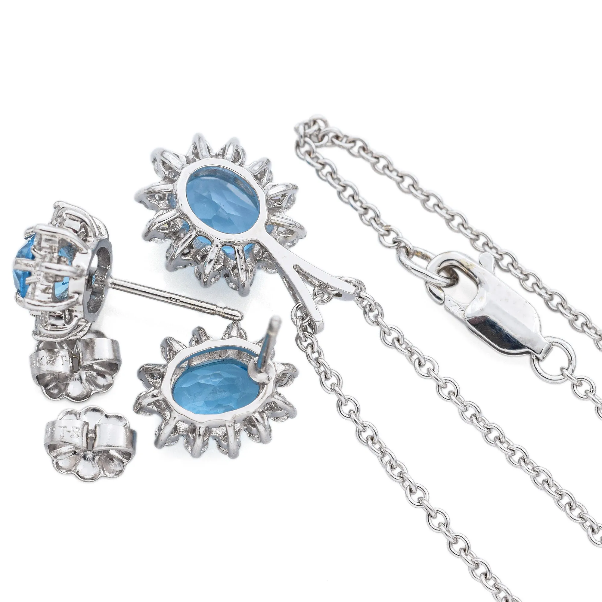 Estate 14K White Gold Blue Topaz & 0.60TCW Diamond Pendant Necklace Earrings Set