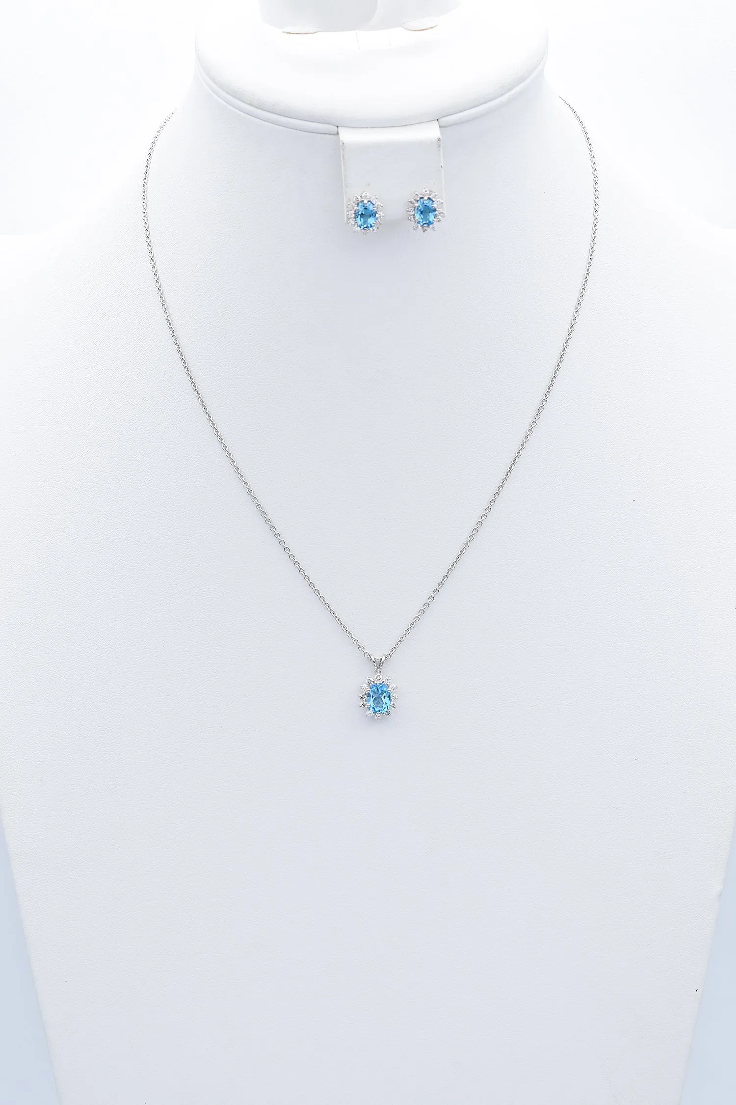 Estate 14K White Gold Blue Topaz & 0.60TCW Diamond Pendant Necklace Earrings Set