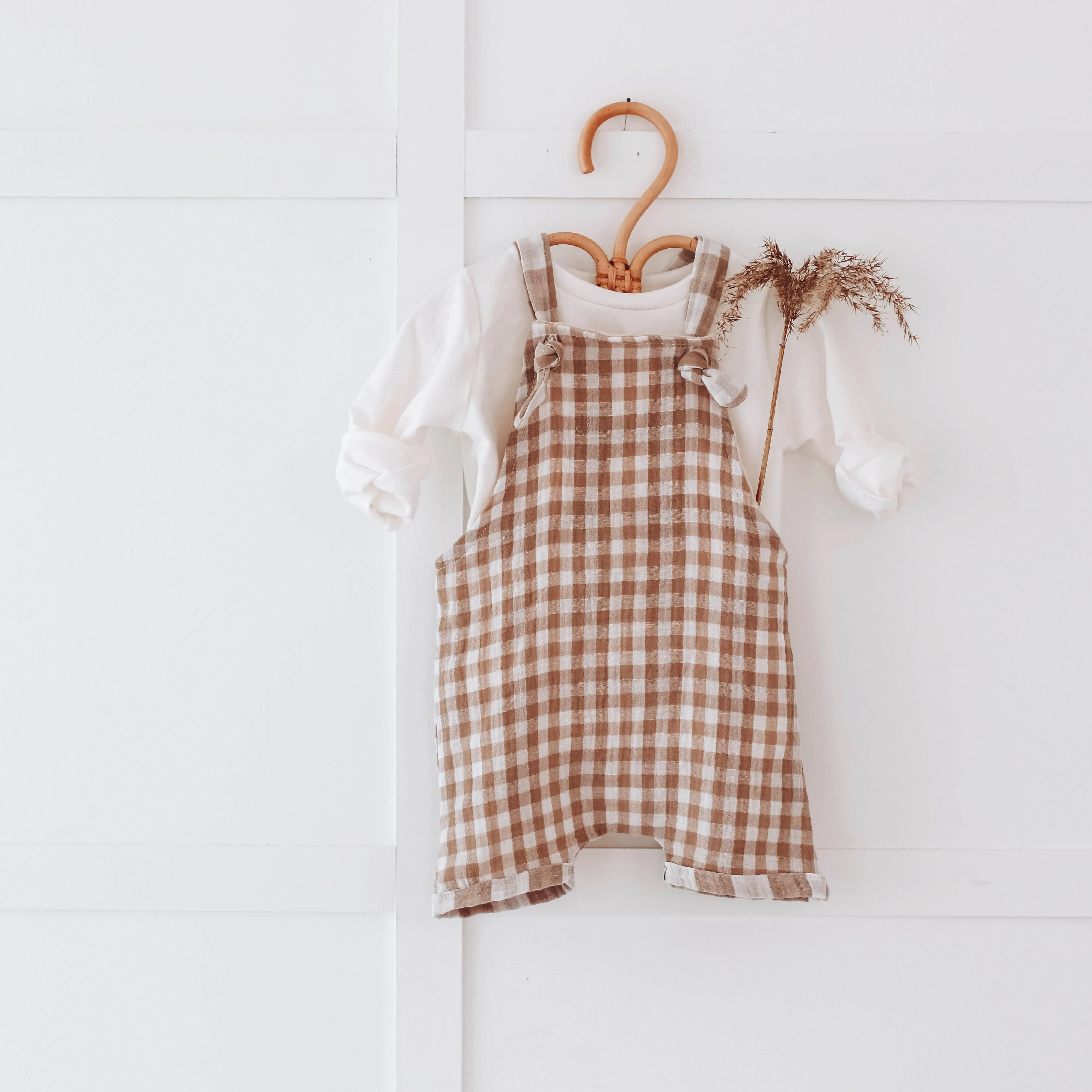 Gingham Muslin short leg dungarees