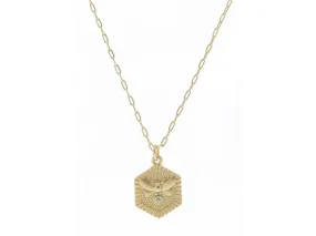 Gold Textured Hexagon with Crystal Embellished Bee Center Necklace