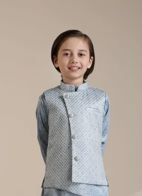 Manyavar Boys Light Blue Diamond Patterned Angrakha Style Jacket Set