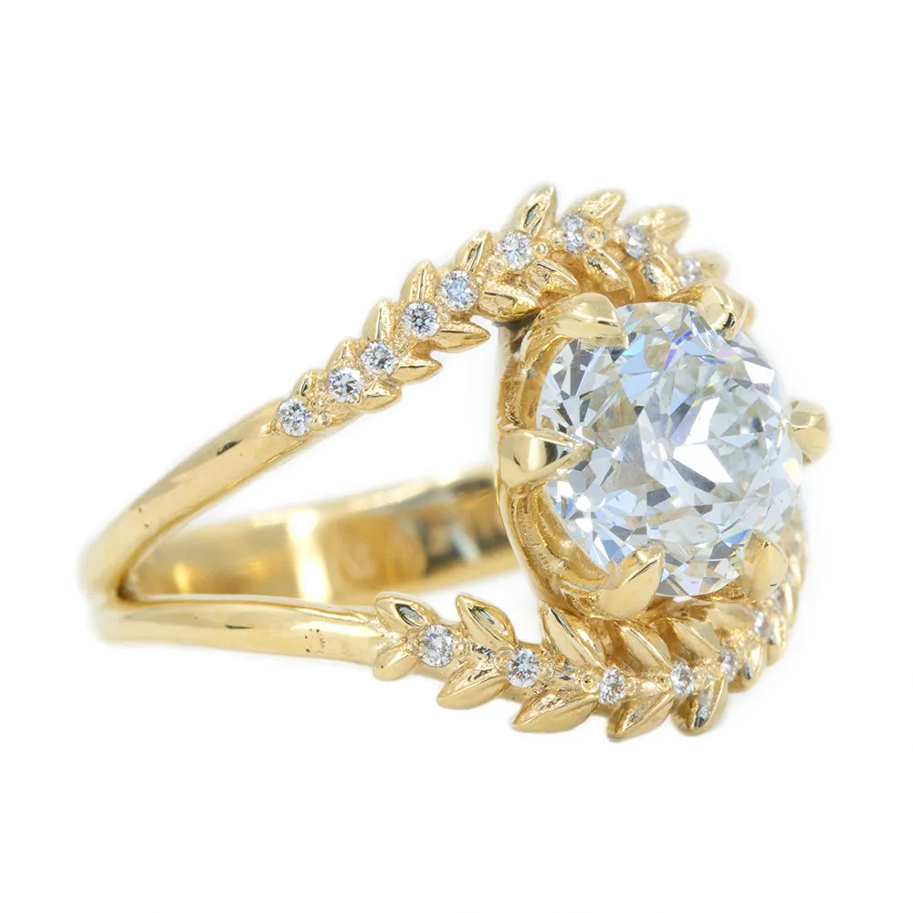 Misfit Diamonds Collaboration: 2.18ct GIA Antique Old European Cut Diamond with Split Shank Diamond Vine Band in 18k Yellow Gold