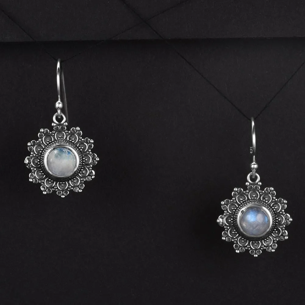 Natural Vintage Moonstone Round Earrings - 925 Sterling Silver