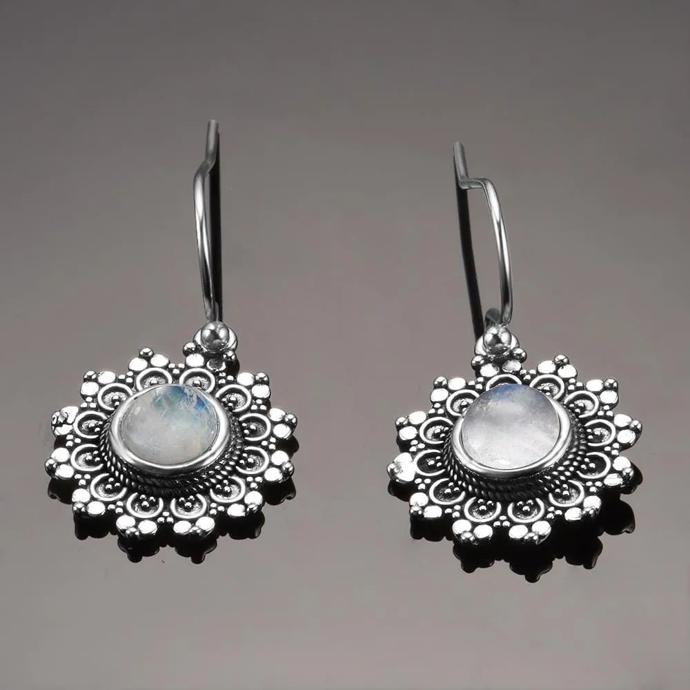 Natural Vintage Moonstone Round Earrings - 925 Sterling Silver