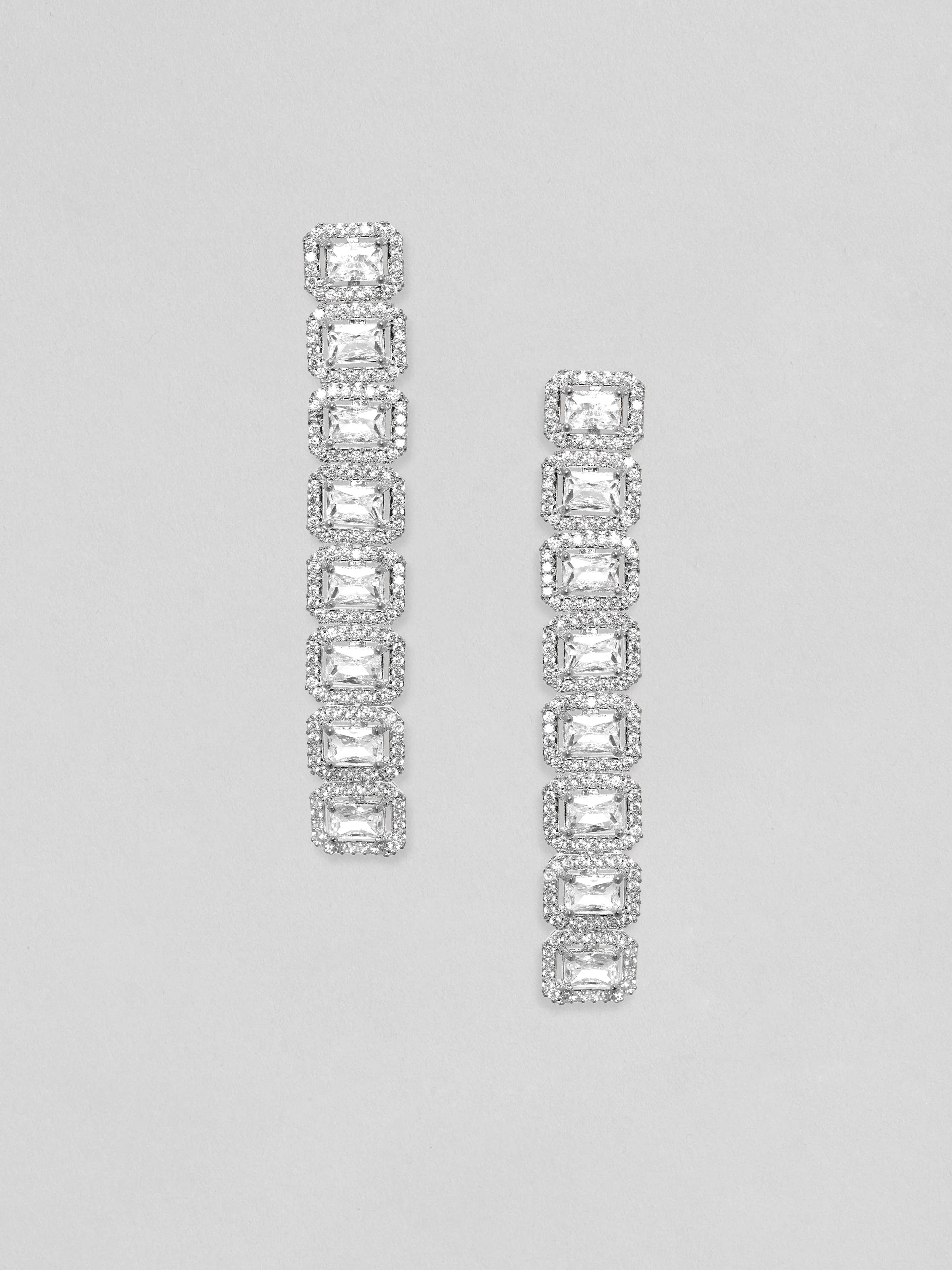 Rubans Rhodium Plated Premium Baguette Crystal Studded Dangle Earrings