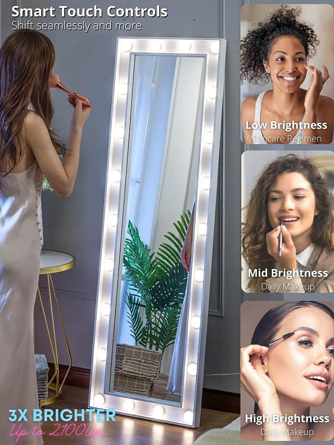 Tall Leaning LED Lights Full-Length Body Mirror White