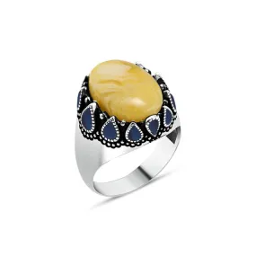 Yellow Ellipse Synthetic Amber Stone Silver Men's Ring with Blue Teardrops